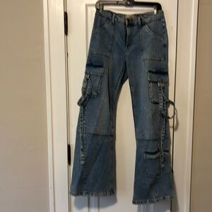 Cargo style mid rise medium blue wide leg jean